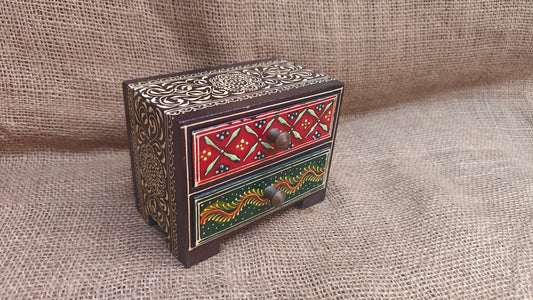 Handcrafted Painted Wood Chest with 2 Drawers | Brown Red Green | Decorative Storage | 5x3x4 inch