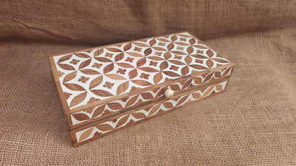 Teak Wood Inlay Geometric Box | White Resin | Handcrafted Decorative Box | 12x6 inch
