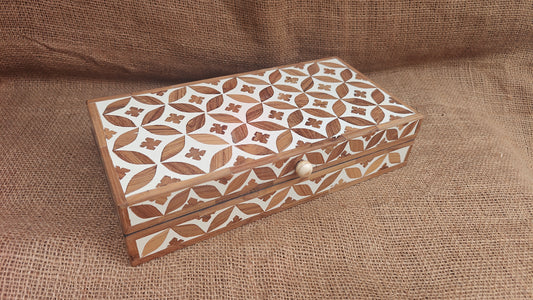 Teak Wood Inlay Geometric Box | White Resin | Handcrafted Decorative Box | 12x6 inch