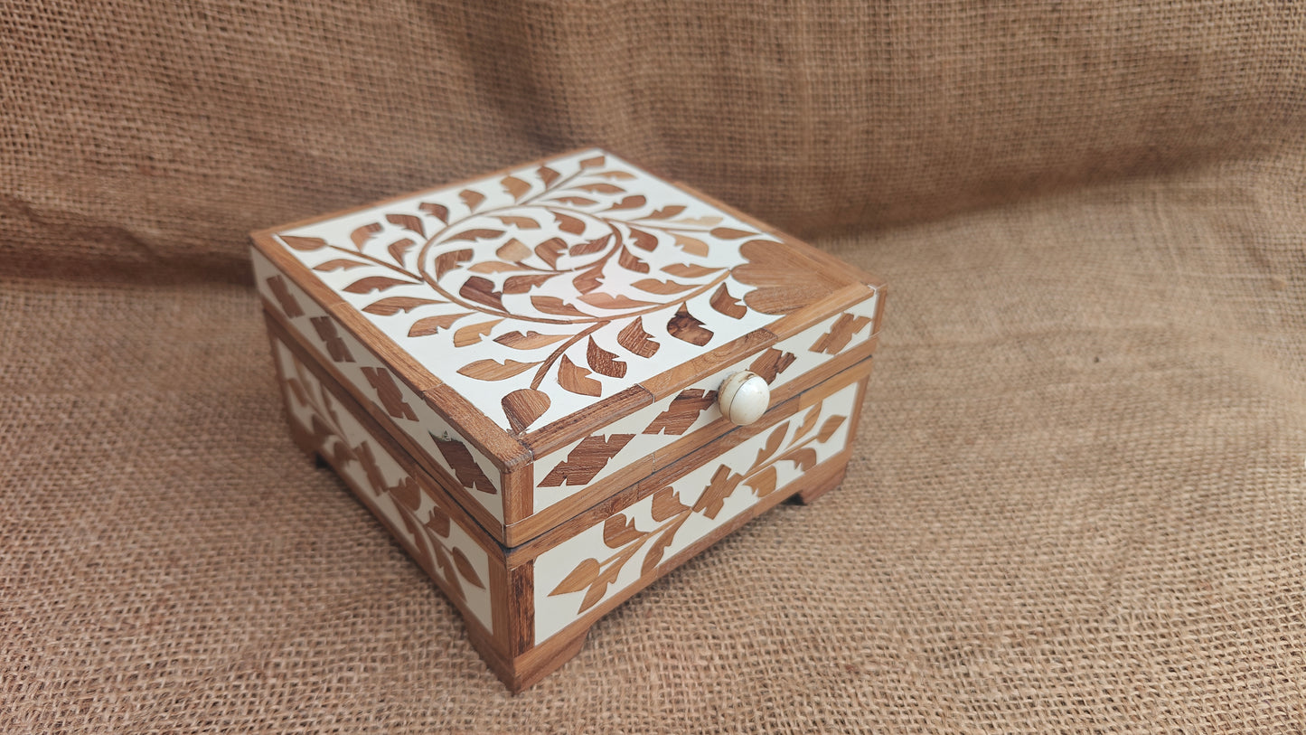 Teak Wood Inlay Floral Box | White Resin | Handcrafted Decorative Box | 6x6 inch